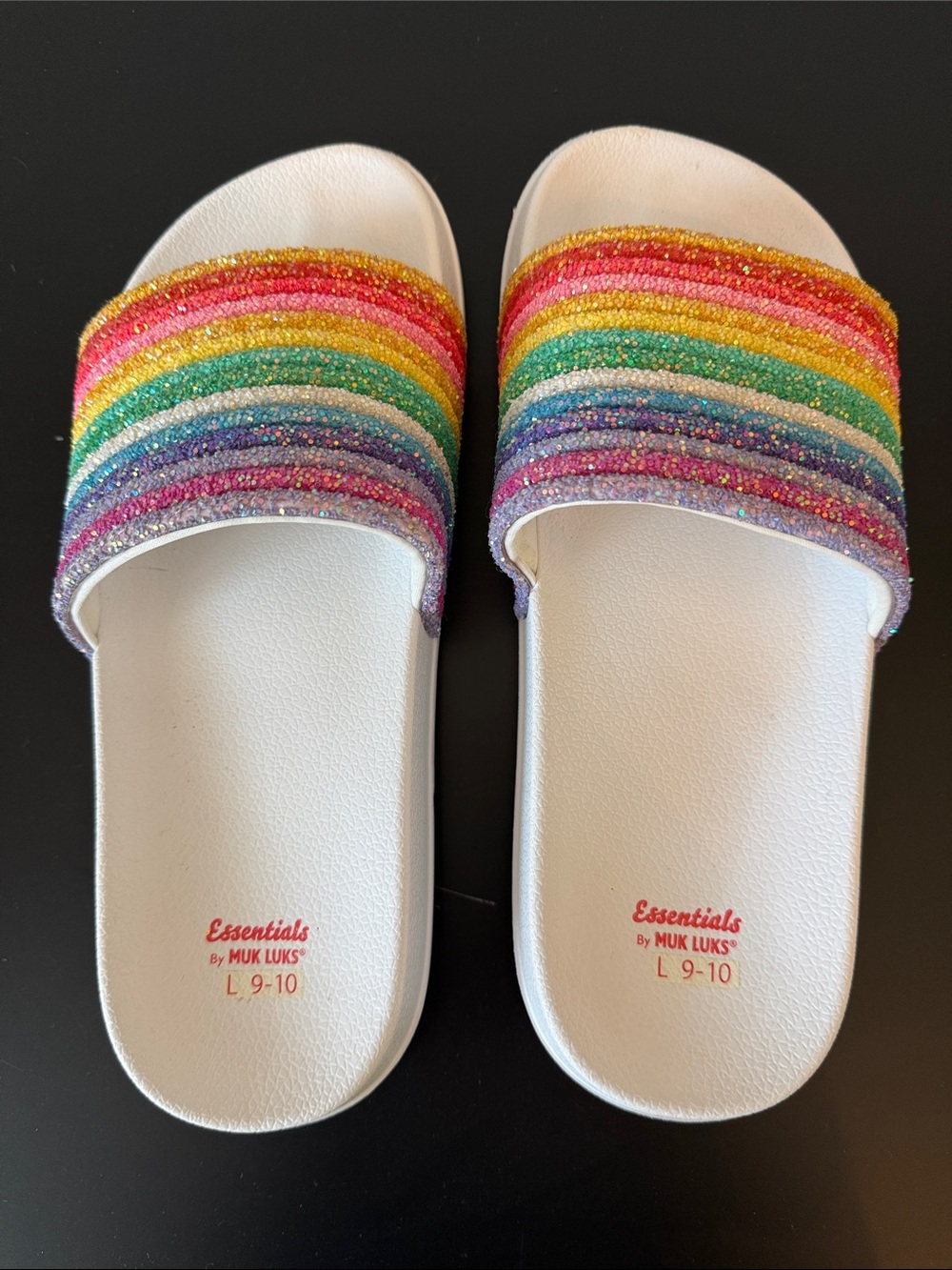 Muk Luks Rainbow Glitter Slide Sandals - White